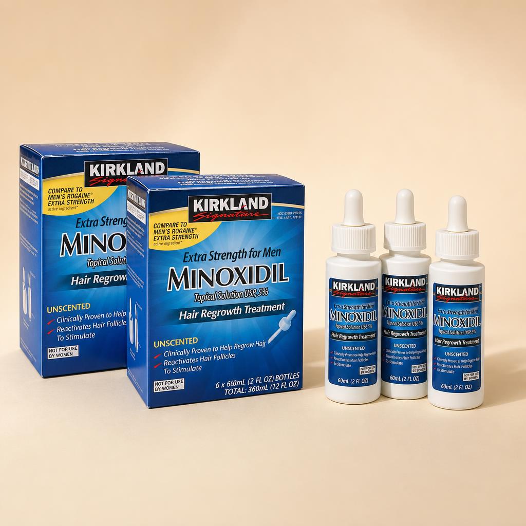 Set Minoxidil 5%: cajas y frascos con gotero